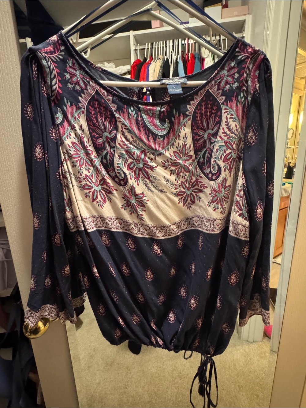 Lucky Brand Navy Paisley Floral Drawstring Hem Blouse